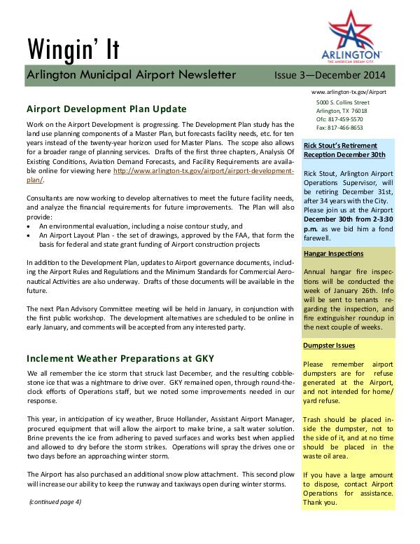 Wingin' It - Arlington Municipal Airport Newsletter Wingin' It - Issue 3 - December 2014