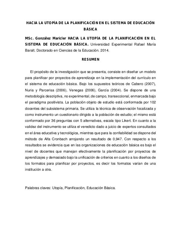 HACIA LA UTOPÍA DE LA PLANIFICACIÓN EN EL SISTEMA DE EDUCACIÓN BÁSICA Hacia la utopía de la planificación educativa