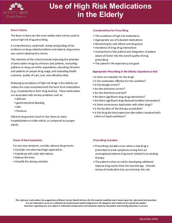 Mount Carmel Health Partners Clinical Guidelines Reference: High Risk Medications in the Eldery