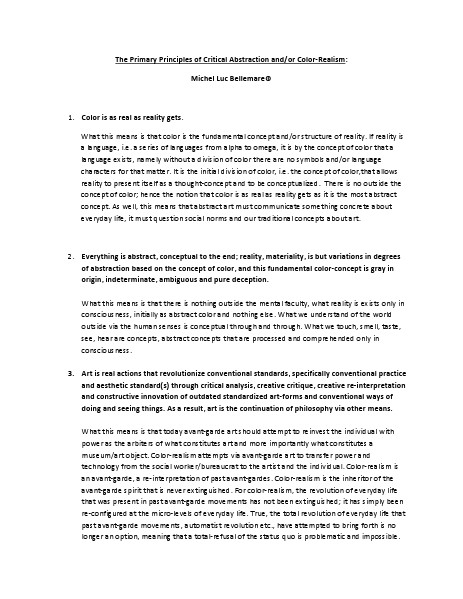 Principles of Critical Abstraction and/or Color-Realism care of Professional Abstract Artist Michel Luc Bellemare Jul. 2014