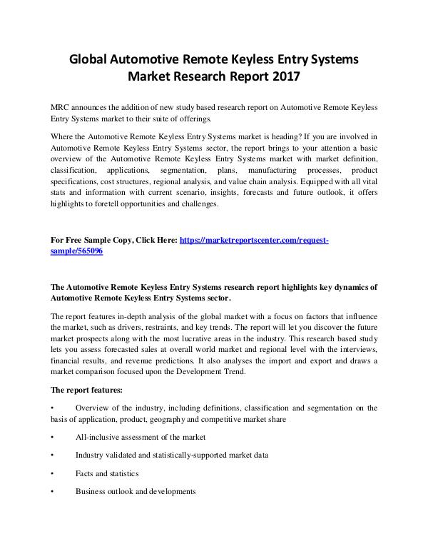 Market Reports Automotive Remote Keyless Entry Systems Market