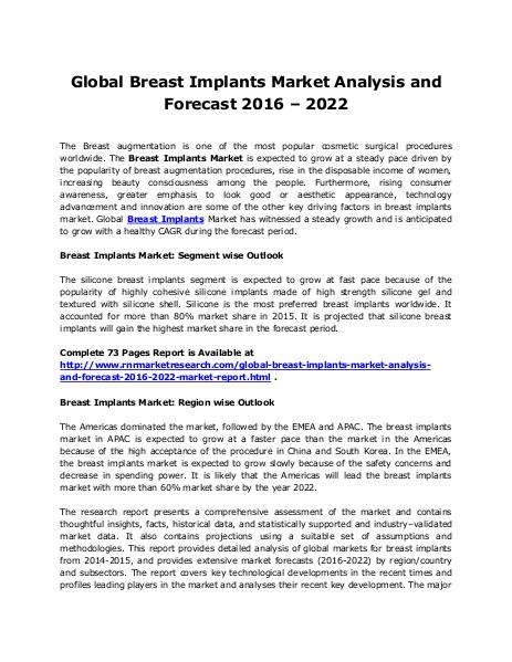 Breast Implants Market Dynamics, Size and Industry Forecasts to 2022 Sep. 2016