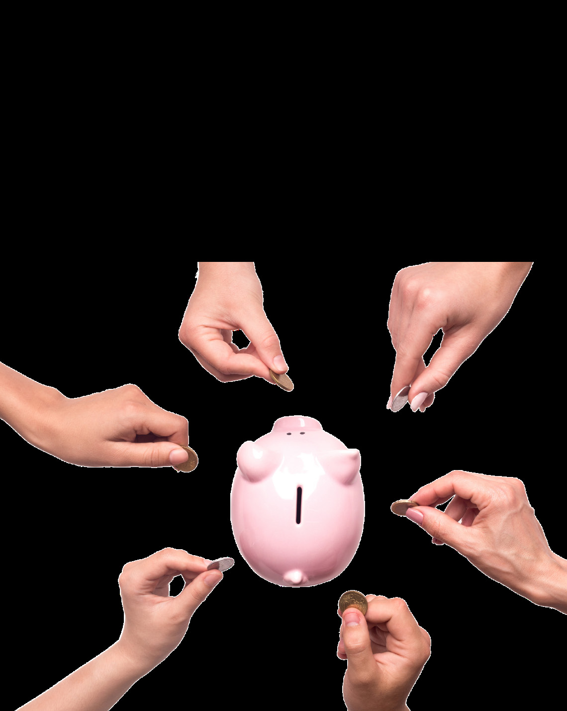 A pink piggy bank with several hands reaching in to place coins into the slot.
