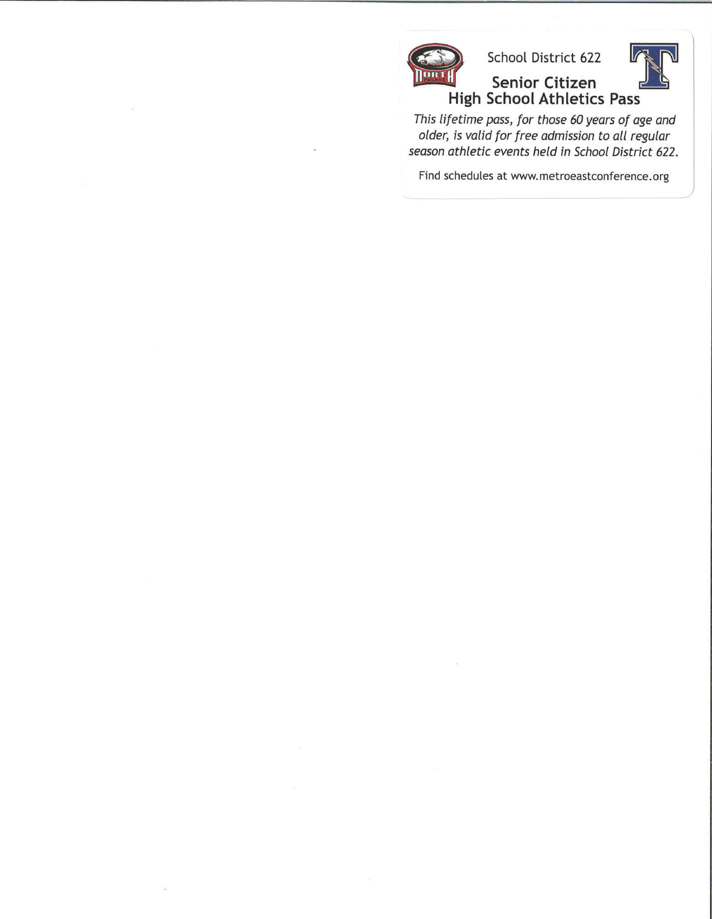 Sample of the District 622 Senior Citizen High School Athletics Pass