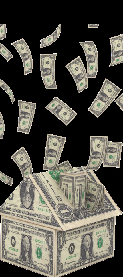 Illustration of a house made of dollar bills with money falling around it