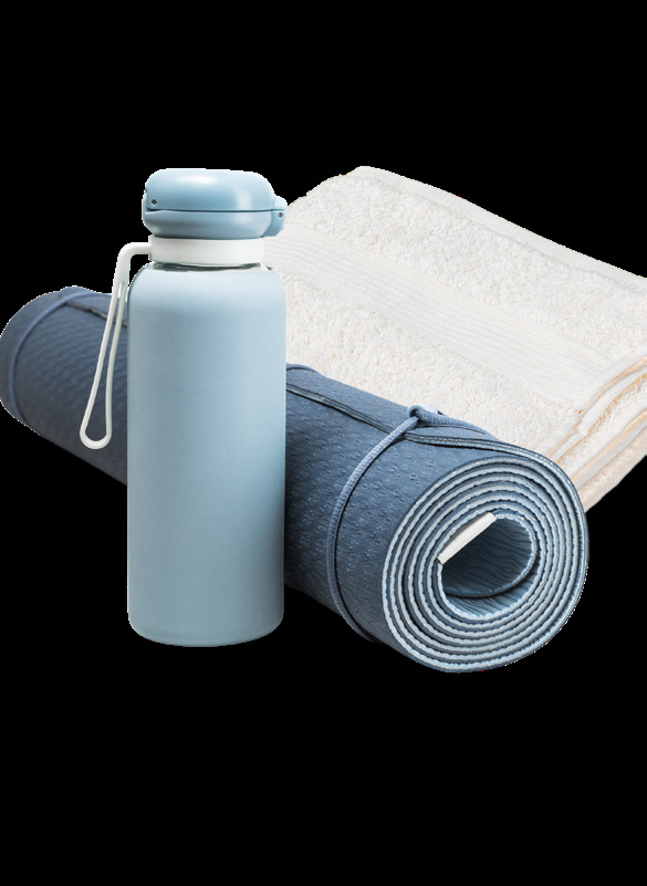 A rolled-up blue yoga mat next to a blue water bottle
