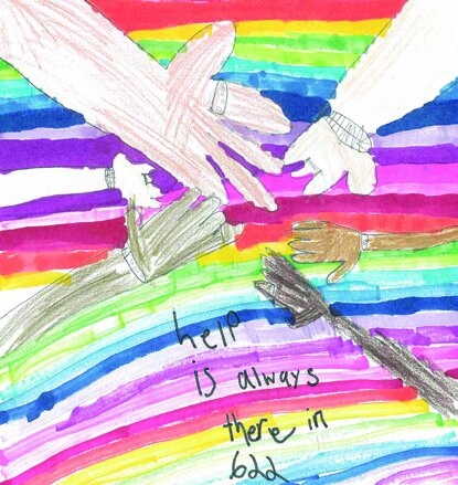 A child's drawing of colorful rainbow-patterned hands reaching towards each other, with the text 'Help is always there in need'.