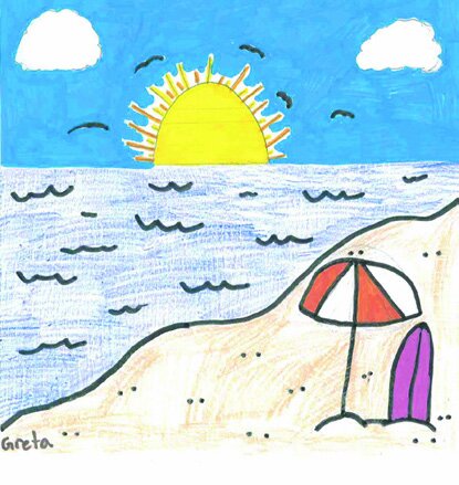 A child's drawing of a sunny beach scene with a yellow sun, blue waves, a beach umbrella, and sand.