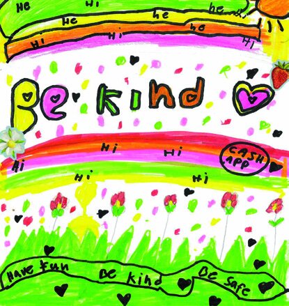 A colorful child's drawing with many hearts and the text 'Be kind' written prominently.