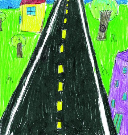 A child's drawing of a long black road with a yellow dashed line disappearing into a green landscape.