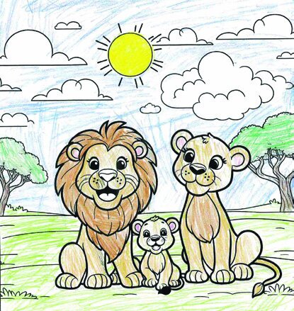 A child's drawing of a family of lions, including a male, a female, and a cub.