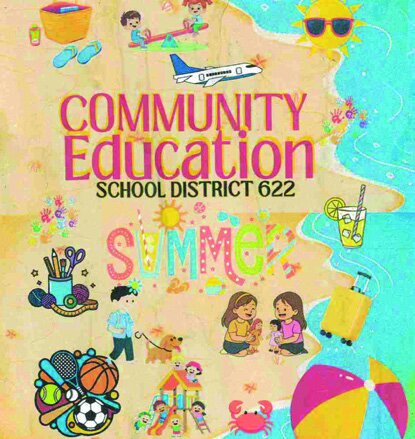 A child's drawing created for a 'COMMUNITY Education SCHOOL DISTRICT 622 SUMMER' catalog cover, showing people in a park.