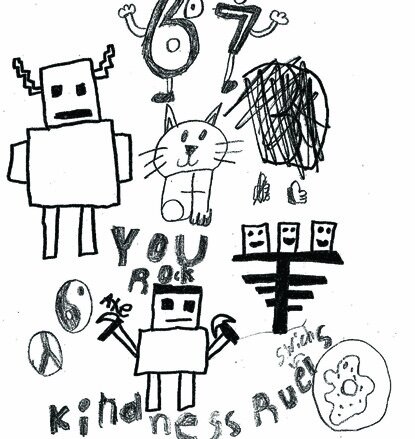 A black and white child's drawing of a robot and animals with the text 'Kindness Rules'.