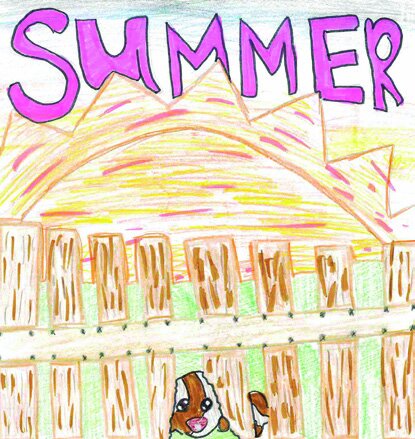 A child's drawing with the word 'SUMMER' in large letters over a yellow fence-like structure.
