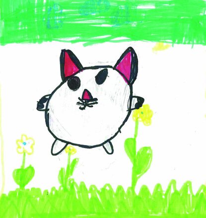 A child's drawing of a black and white cat in a green field with flowers under a blue sky.