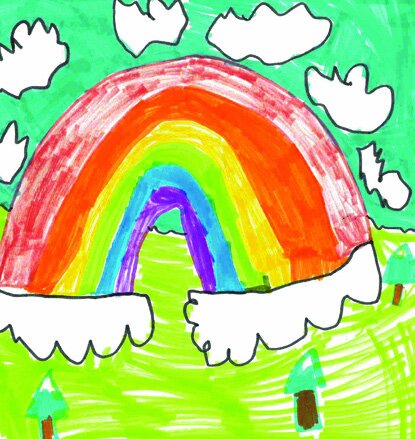 A child's drawing of a large, colorful rainbow over a house with two figures nearby.