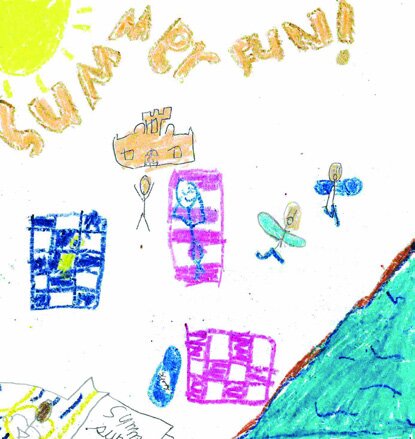 A child's drawing with the text 'SUMMER FUN!' and various colorful shapes and figures.