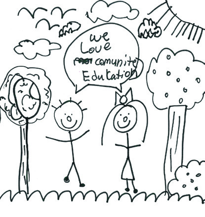 A child's drawing of stick figures holding hands with the text 'We Love Community Education'.