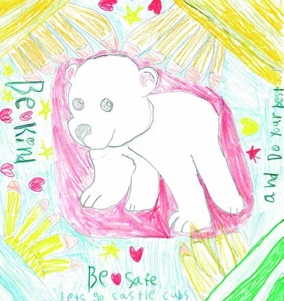 A child's drawing of a polar bear with the text 'Be Kind', 'Be Safe', and 'Be yourself'.