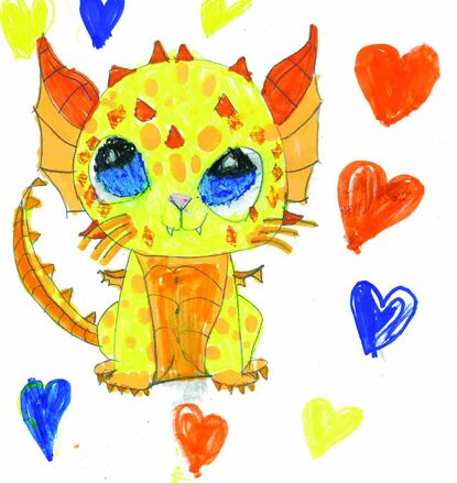 A child's drawing of a bright orange dragon-like creature surrounded by hearts.