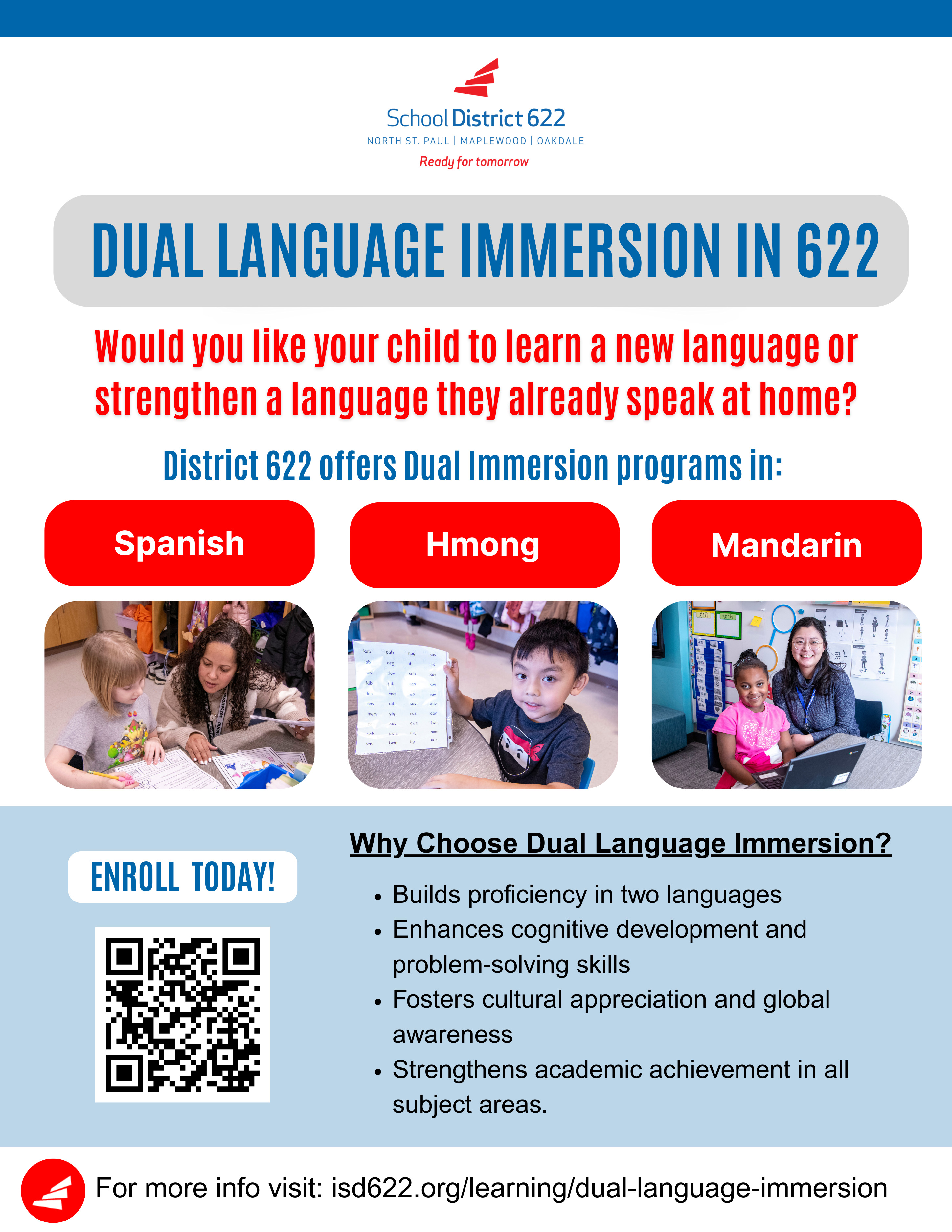 Informational flyer for District 622 Dual Language Immersion programs in Spanish, Hmong, and Mandarin