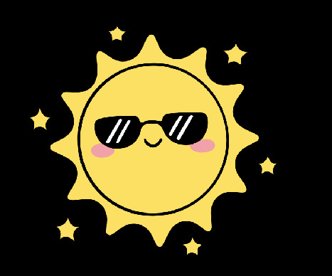 A yellow cartoon sun character wearing black sunglasses.