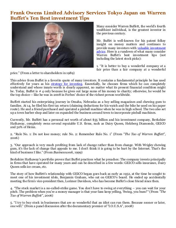 Frank Owens Limited Advisory Services Tokyo Japan Warren Buffet’s Ten Best investment Tips