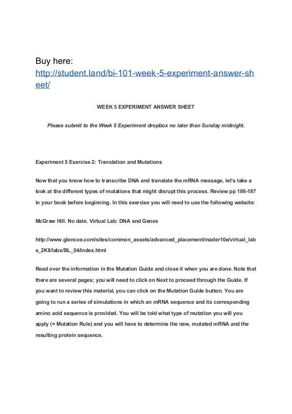 BI 101 Week 5 Experiment Answer Sheet Park University