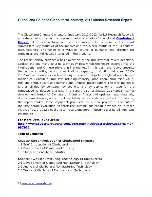 Global and Chinese Markets Forecast to 2022 for Clenbuterol Industry Global Clenbuterol Industry Analyzed Report