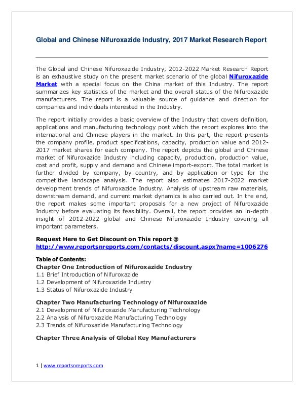 2017 Nifuroxazide Industry Report – Global and Chinese Market Scenari Global and Chinese Nifuroxazide Industry, 2017 Mar