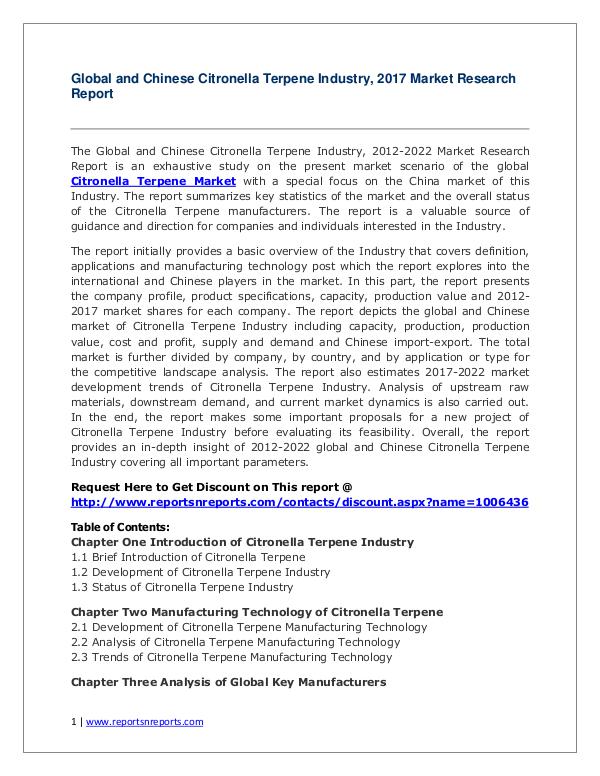 Citronella Terpene Industry 2022 Global Forecasts with a Focus on Chi Global and Chinese Citronella Terpene (CAS 68916-5