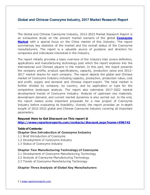 Global Coenzyme Industry Forecast Study 2012-2022 Coenzyme Market 2012-2022 Analysis, Trends