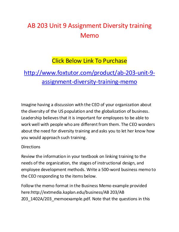 AB 203 Unit 9 Assignment Diversity training Memo - www.foxtutor.com AB 203 Unit 9 Assignment Diversity training Memo -