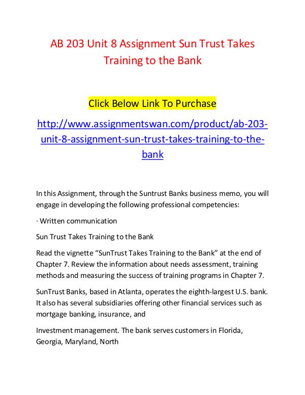 AB 203 Unit 8 Assignment Sun Trust Takes Training to the Bank-Assignm AB 203 Unit 8 Assignment Sun Trust Takes Training