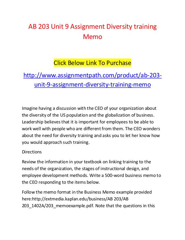 AB 203 Unit 9 Assignment Diversity training Memo-Assignmentpath.com AB 203 Unit 9 Assignment Diversity training Memo-A