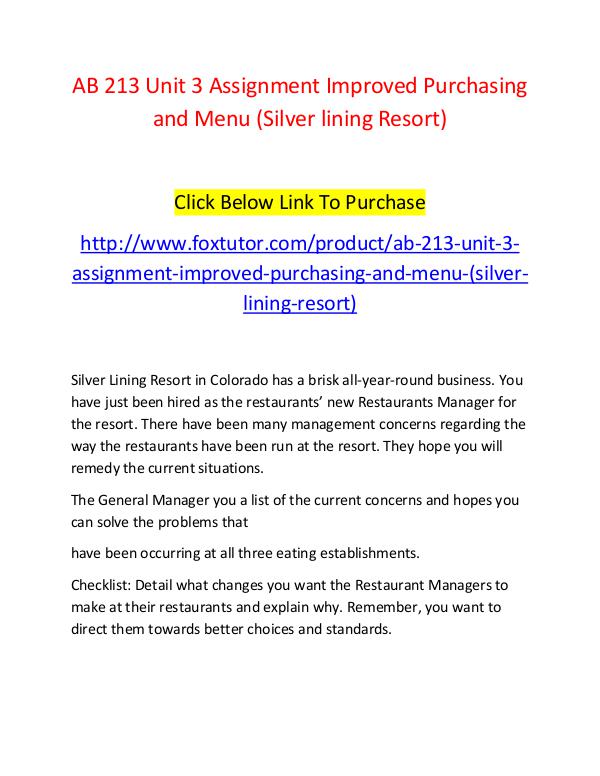 AB 213 Unit 3 Assignment Improved Purchasing and Menu (Silver lining AB 213 Unit 3 Assignment Improved Purchasing and M