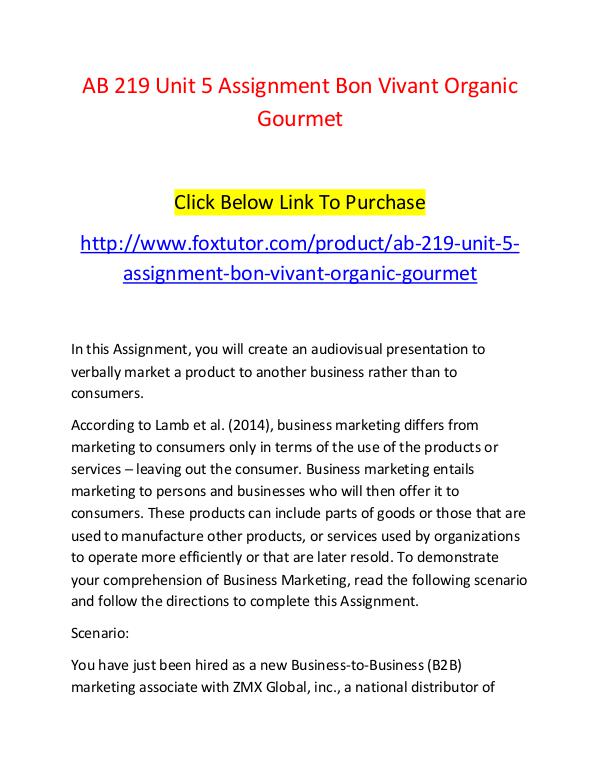 AB 219 Unit 5 Assignment Bon Vivant Organic Gourmet AB 219 Unit 5 Assignment Bon Vivant Organic Gourme