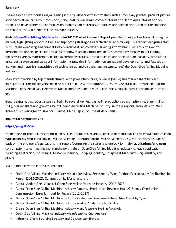 Open-Side Milling Machine Market Sales 2017