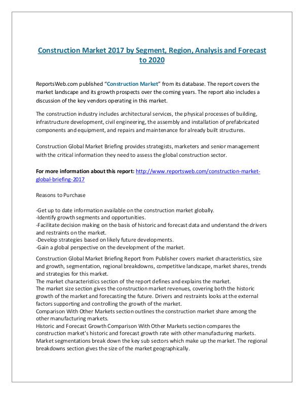 ReportsWeb- Construction Market 2017 by Segment, Region, Analy