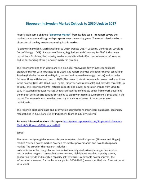 ReportsWeb- Biopower in Sweden Market Outlook to 2030 Update 2