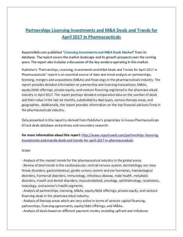 Partnerships Licensing Investments and M&A Deals a