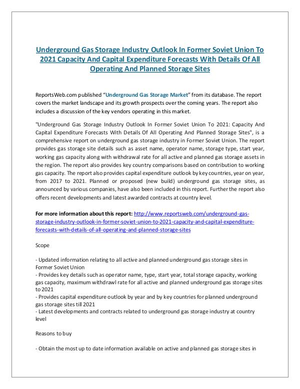 Underground Gas Storage Industry Outlook In Former