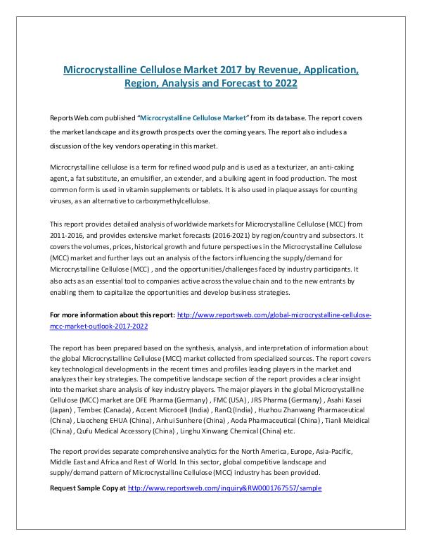 ReportsWeb- Microcrystalline Cellulose Market 2017 by Revenue,