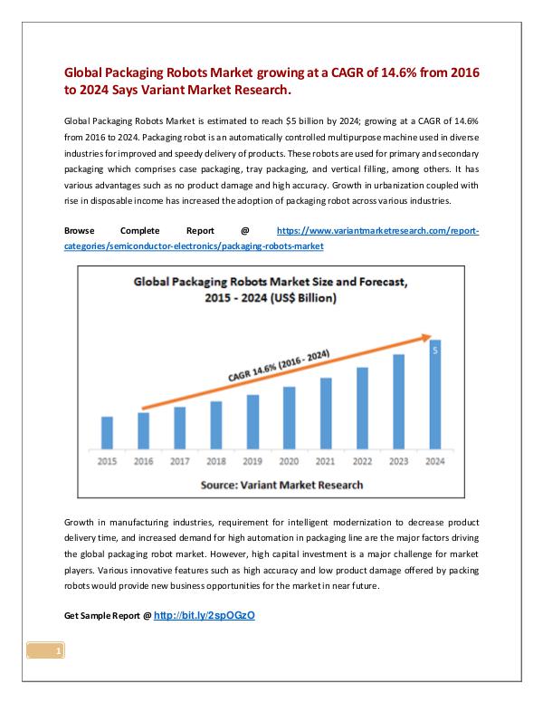 Global Packaging Robots Market is estimated to reach $5 billion by 20 Global Packaging Robots Market