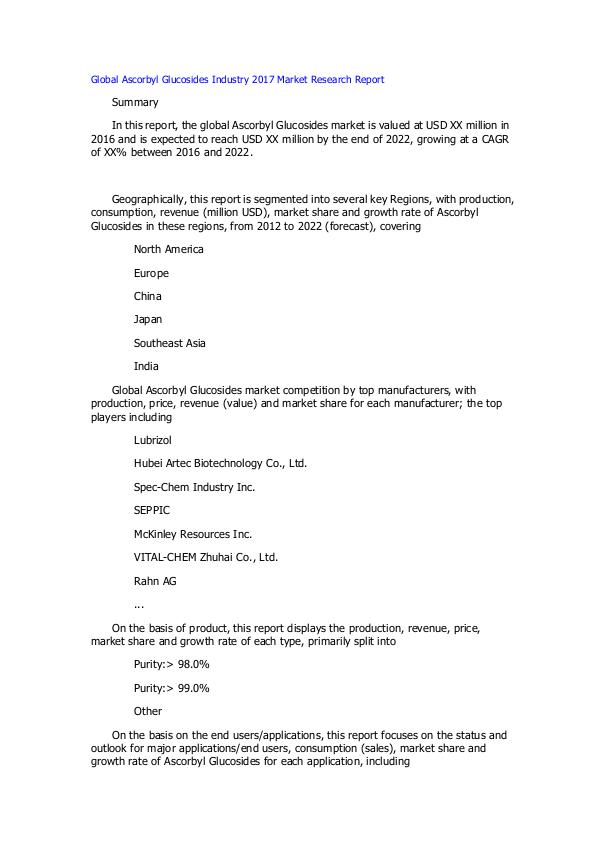 Global Ascorbyl Glucosides Industry 2017 Market Re