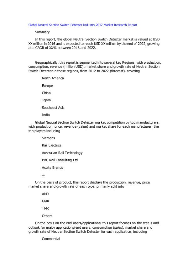 Global Magnetic Linear Encoder Industry 2017 Market Research Report Global Neutral Section Switch Detecter Industry 20