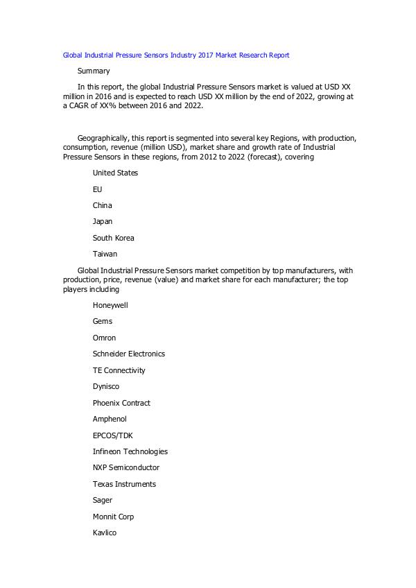 Global Industrial Pressure Sensors Industry 2017 M