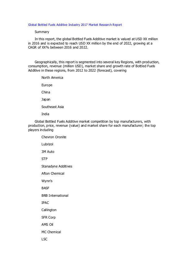 Global Bottled Fuels Additive Industry 2017 Market