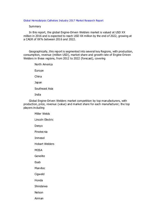 Global Hemodialysis Catheters Industry 2017 Market