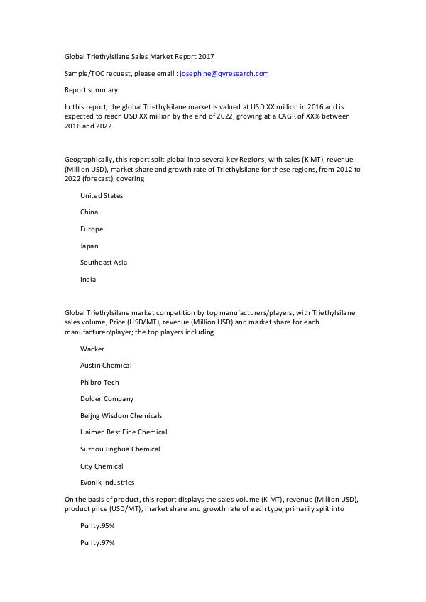 Global Triethylsilane Sales Market Report 2017